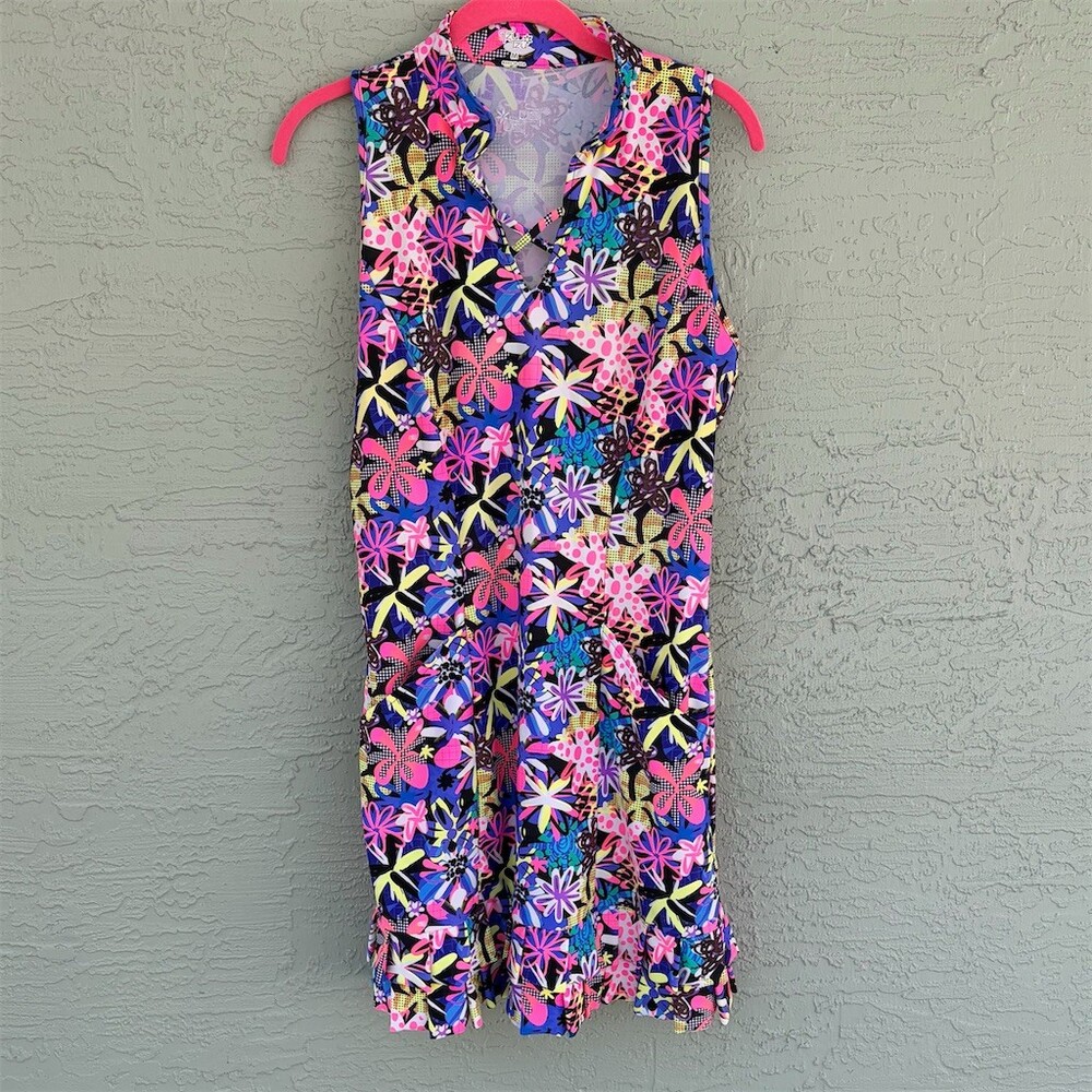 Tzu Tzu Golf Dress Womens Size M Multicolor Floral V-Neck Sleeveless